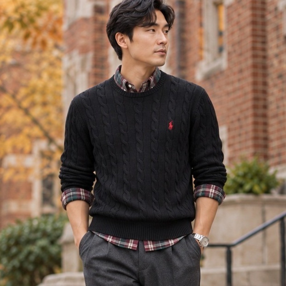 Polo Ralph Lauren Mens XXL Black Cable Knit Cotton Crew Neck Sweater Red Pony